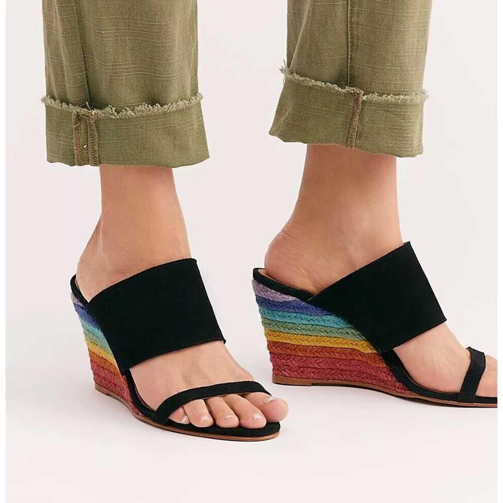 Free People Glorieta Wedge Rainbow Leather Strap Sandals Boho EU 39 Size US 8.5